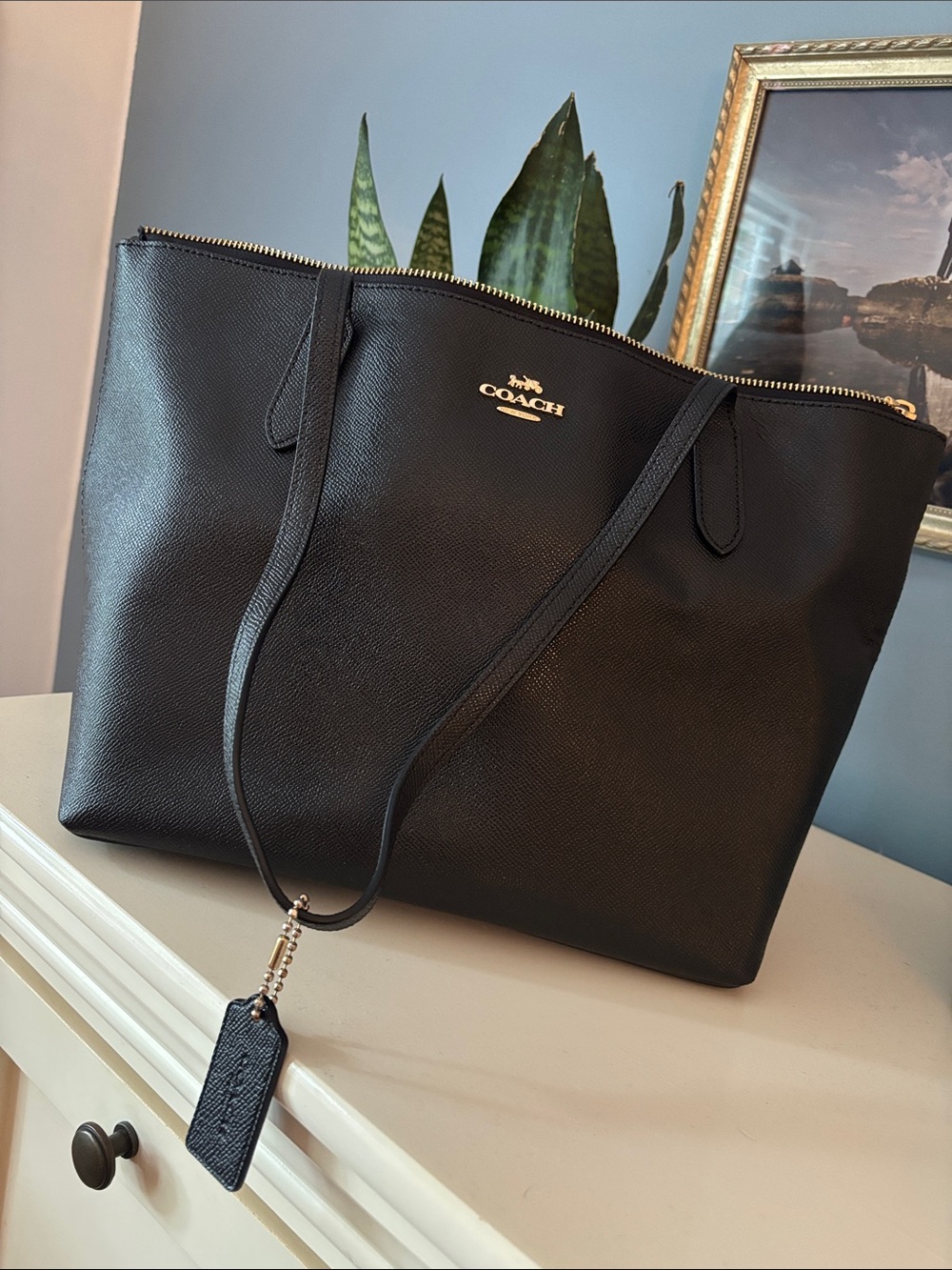 Coach Black Leather Zip-Top Tote with Logo Charm